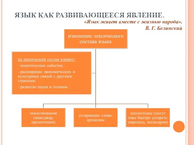 ЯЗЫК КАК РАЗВИВАЮЩЕЕСЯ ЯВЛЕНИЕ. «Язык живет вместе с жизнью народа». В. Г. Белинский