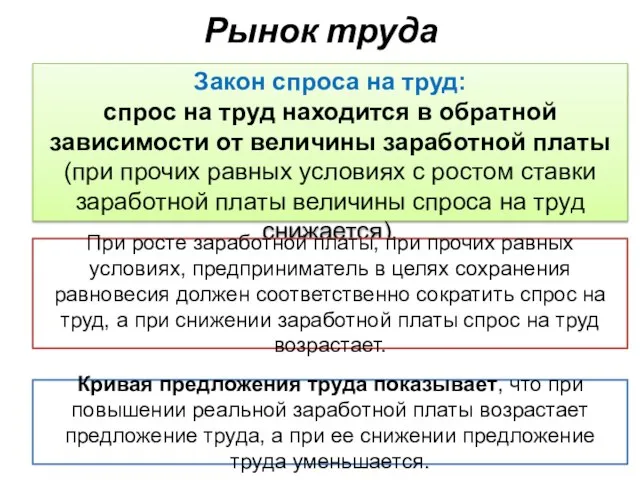 Рынок труда Закон спроса на труд: спрос на труд находится в обратной