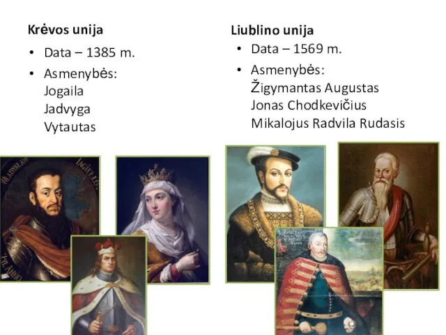 Krėvos unija Data – 1385 m. Asmenybės: Jogaila Jadvyga Vytautas Liublino unija