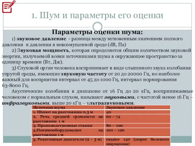 1. Шум и параметры его оценки Параметры оценки шума: 1) звуковое давление