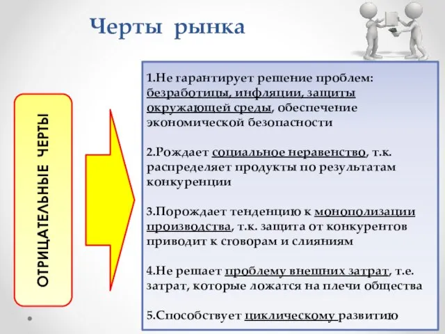 Черты рынка ОТРИЦАТЕЛЬНЫЕ ЧЕРТЫ 1.Не гарантирует решение проблем: безработицы, инфляции, защиты окружающей