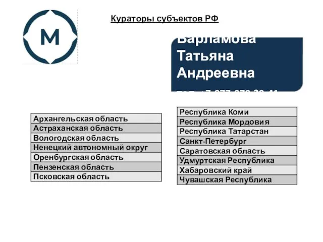 Кураторы субъектов РФ Варламова Татьяна Андреевна тел. +7-977-978-29-41