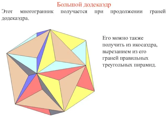 Большой додекаэдр Этот многогранник получается при продолжении граней додекаэдра. Его можно также