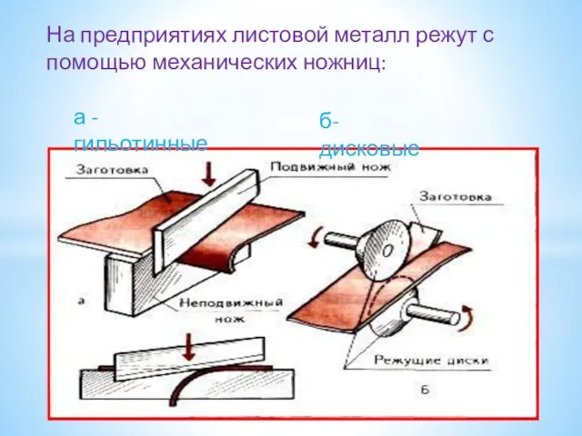 На предприятиях листовой металл режут с помощью механических ножниц: а - гильотинные б- дисковые