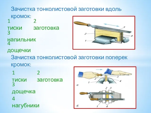 Зачистка тонколистовой заготовки вдоль кромок: 1 тиски Зачистка тонколистовой заготовки поперек кромок: