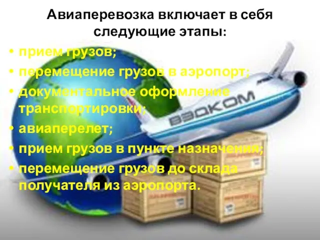 Авиаперевозка включает в себя следующие этапы: прием грузов; перемещение грузов в аэропорт;