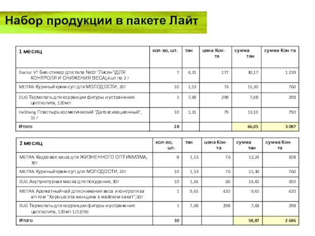 Набор продукции в пакете Лайт