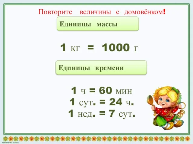 Повторите величины с домовёнком! 1 кг = 1000 г Единицы массы Единицы