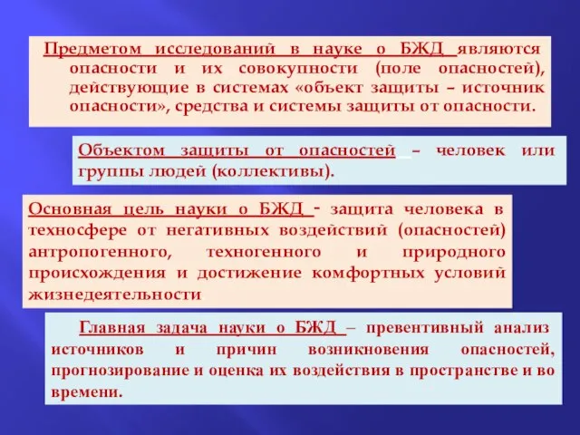 Предметом исследований в науке о БЖД являются опасности и их совокупности (поле