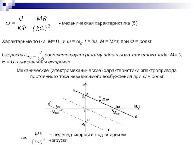 - механическая характеристика (5) Характерные точки: М= 0, и ω = ω0,