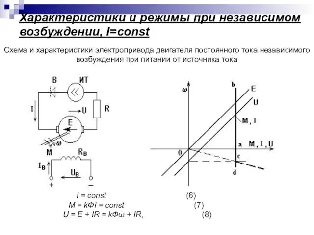 Характеристики и режимы при независимом возбуждении, I=const I = const (6) М