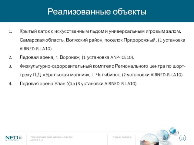 Реализованные объекты Установки для ледовых арен и катков AIRNED-R-LA www.air-ned.com Крытый каток