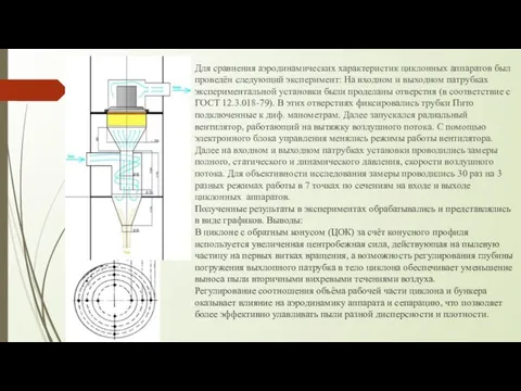 Для сравнения аэродинамических характеристик циклонных аппаратов был проведён следующий эксперимент: На входном