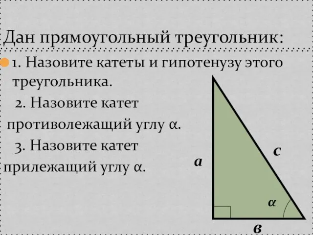 1. Назовите катеты и гипотенузу этого треугольника. 2. Назовите катет противолежащий углу
