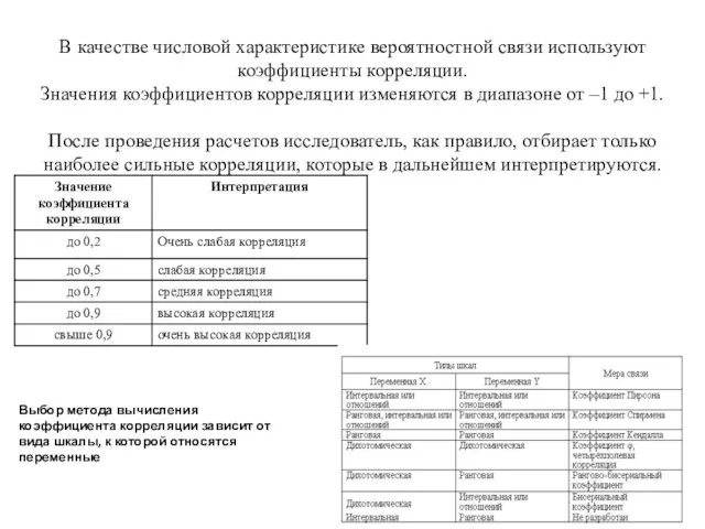 В качестве числовой характеристике вероятностной связи используют коэффициенты корреляции. Значения коэффициентов корреляции