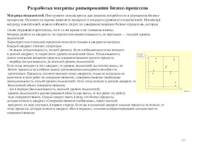 Разработка матрицы ранжирования бизнес-процессов Матрица показателей. Инструмент используется для анализа потребности в