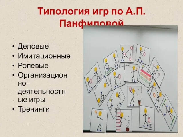 Типология игр по А.П. Панфиловой Деловые Имитационные Ролевые Организационно-деятельностные игры Тренинги