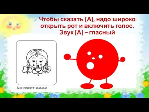 Чтобы сказать [А], надо широко открыть рот и включить голос. Звук [А] – гласный