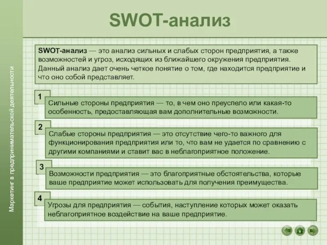 SWOT-анализ SWOT-анализ — это анализ сильных и слабых сторон пред­приятия, а также