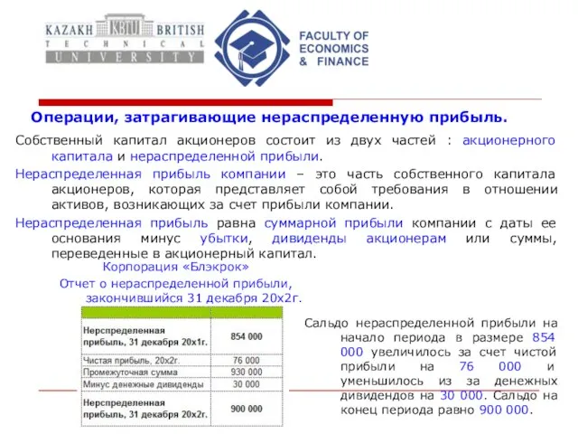 Операции, затрагивающие нераспределенную прибыль. Собственный капитал акционеров состоит из двух частей :