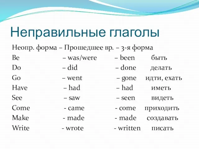 Неправильные глаголы Неопр. форма – Прошедшее вр. – 3-я форма Be –