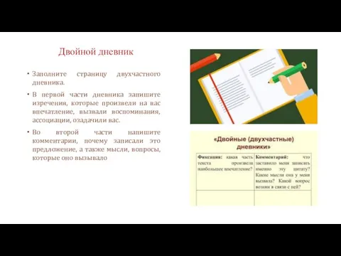 Двойной дневник Заполните страницу двухчастного дневника. В первой части дневника запишите изречения,