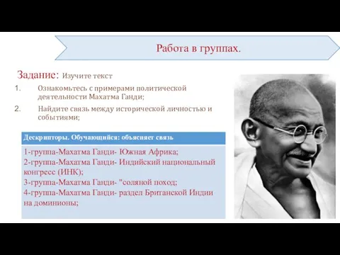 Задание: Изучите текст Ознакомьтесь с примерами политической деятельности Махатма Ганди; Найдите связь