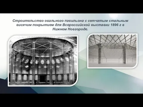 Строительство овального павильона с сетчатым стальным висячим покрытием для Всероссийской выставки 1896 г в Нижнем Новгороде.