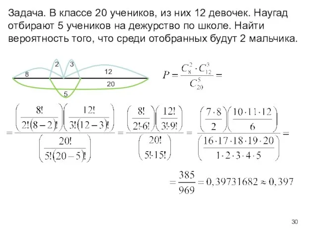 Задача. В классе 20 учеников, из них 12 девочек. Наугад отбирают 5