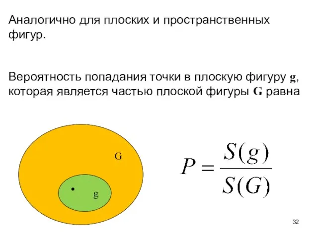 Аналогично для плоских и пространственных фигур. Вероятность попадания точки в плоскую фигуру