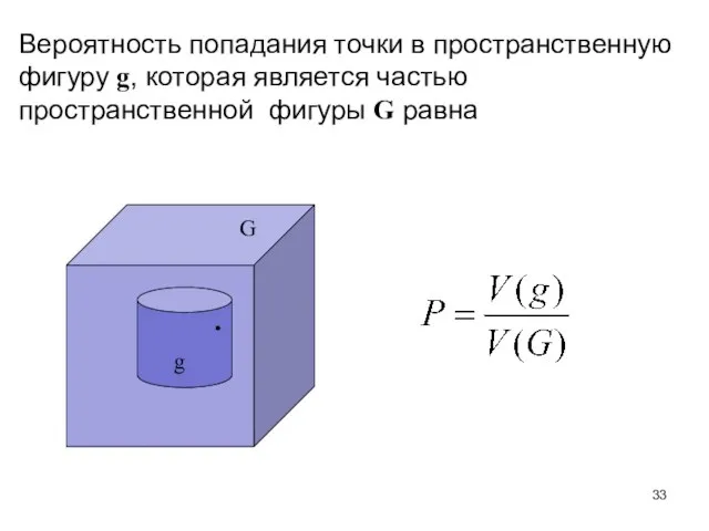 Вероятность попадания точки в пространственную фигуру g, которая является частью пространственной фигуры G равна G g