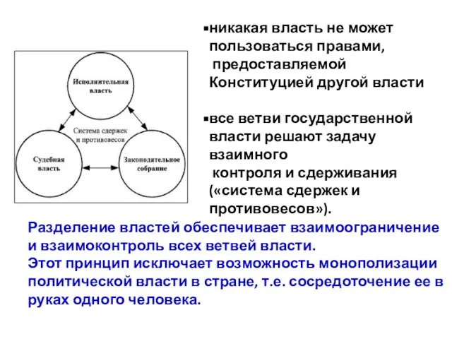 Разделение властей обеспечивает взаимоограничение и взаимоконтроль всех ветвей власти. Этот принцип исключает