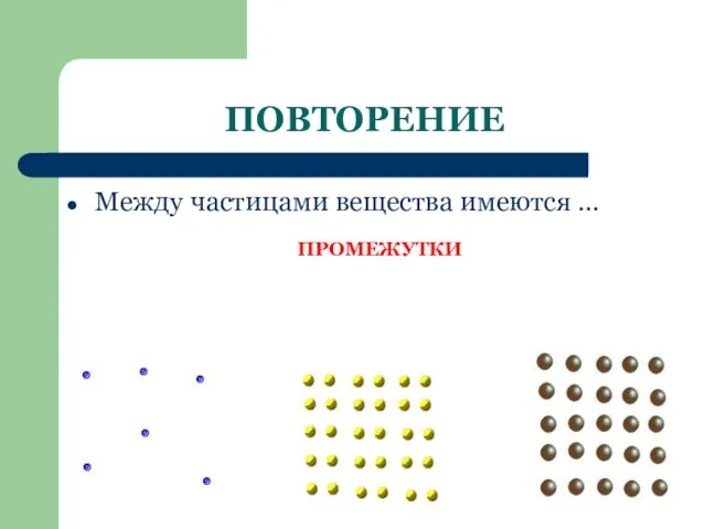 ПОВТОРЕНИЕ Между частицами вещества имеются … ПРОМЕЖУТКИ