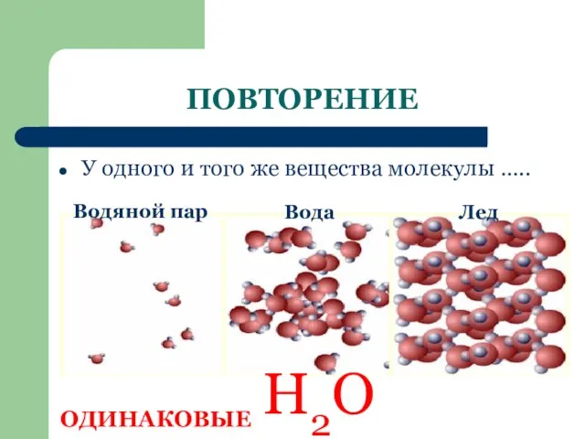 ПОВТОРЕНИЕ У одного и того же вещества молекулы ….. ОДИНАКОВЫЕ РАЗНЫЕ Н2О