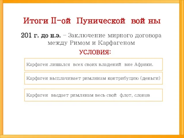 Итоги II-ой Пунической войны 201 г. до н.э. – Заключение мирного договора