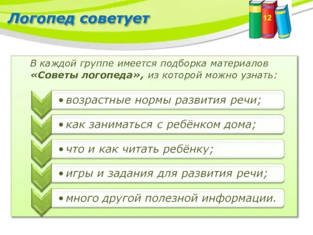 Логопед советует В каждой группе имеется подборка материалов «Советы логопеда», из которой можно узнать: 12