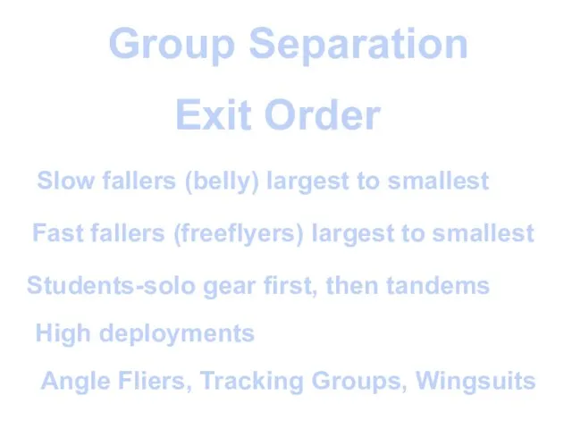 Group Separation Exit Order Slow fallers (belly) largest to smallest Fast fallers