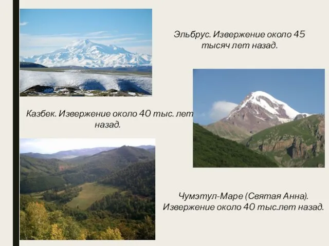 Эльбрус. Извержение около 45 тысяч лет назад. Казбек. Извержение около 40 тыс.