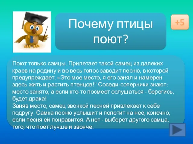 Ответ здесь Почему птицы поют? +5 Поют только самцы. Прилетает такой самец