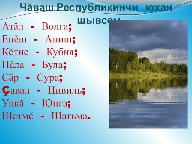 Чăваш Республикинчи юхан шывсем Атăл - Волга; Енěш - Аниш; Кěтне -