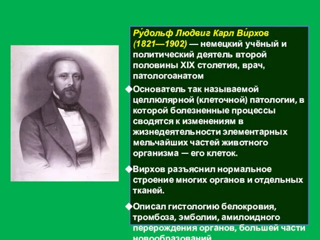 Ру́дольф Людвиг Карл Ви́рхов (1821—1902) — немецкий учёный и политический деятель второй