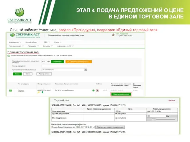 ЭТАП 3. ПОДАЧА ПРЕДЛОЖЕНИЙ О ЦЕНЕ В ЕДИНОМ ТОРГОВОМ ЗАЛЕ Личный кабинет