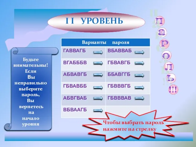 I I УРОВЕНЬ ВИКТОРИНА Будьте внимательны! Если Вы неправильно выберите пароль, Вы