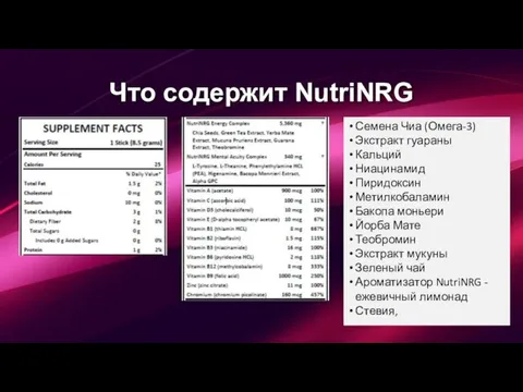 Что содержит NutriNRG Семена Чиа (Омега-3) Экстракт гуараны Кальций Ниацинамид Пиридоксин Метилкобаламин