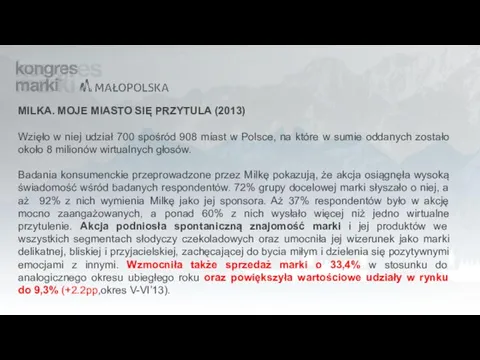 MILKA. MOJE MIASTO SIĘ PRZYTULA (2013) Wzięło w niej udział 700 spośród