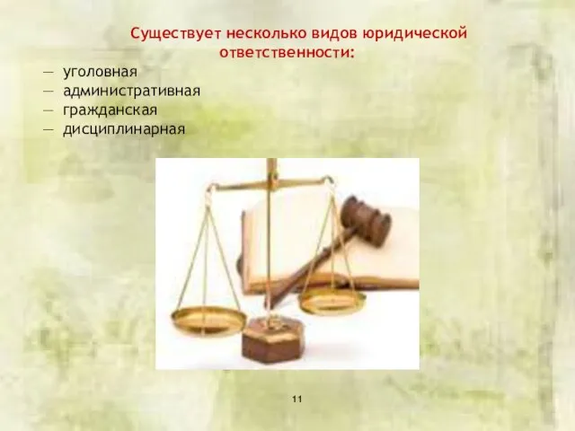 Существует несколько видов юридической ответственности: уголовная административная гражданская дисциплинарная