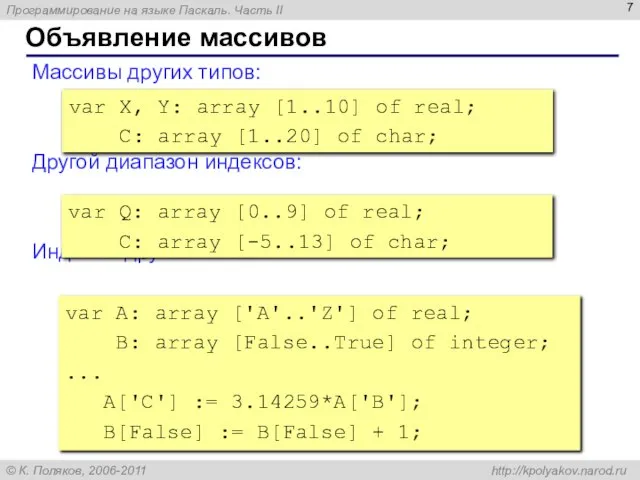 Объявление массивов Массивы других типов: Другой диапазон индексов: Индексы других типов: var