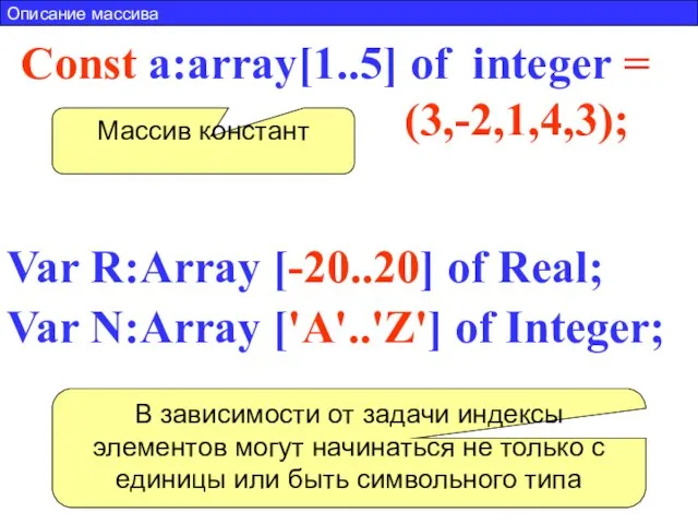 Сonst a:array[1..5] of integer = (3,-2,1,4,3); Массив констант Описание массива Var N:Array