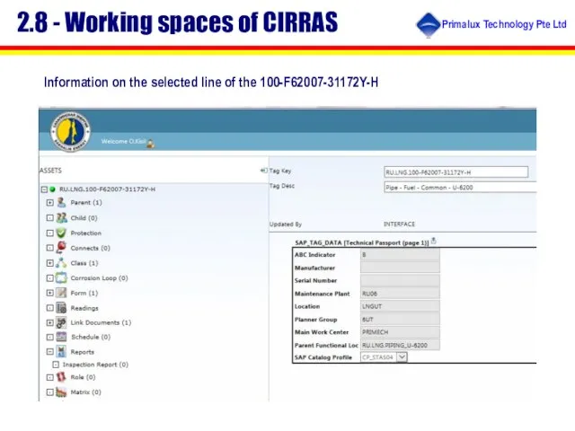 2.8 - Working spaces of CIRRAS Information on the selected line of the 100-F62007-31172Y-H