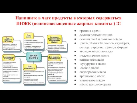 Напишите в чате продукты в которых содержаться ПНЖК (полиненасыщенные жирные кислоты )